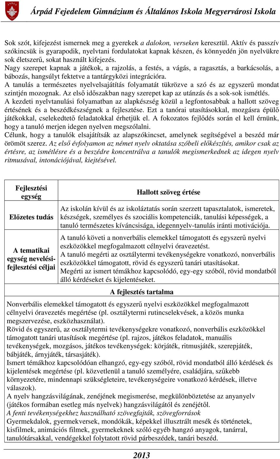 Nagy szerepet kapnak a játékok, a rajzolás, a festés, a vágás, a ragasztás, a barkácsolás, a bábozás, hangsúlyt fektetve a tantárgyközi integrációra.