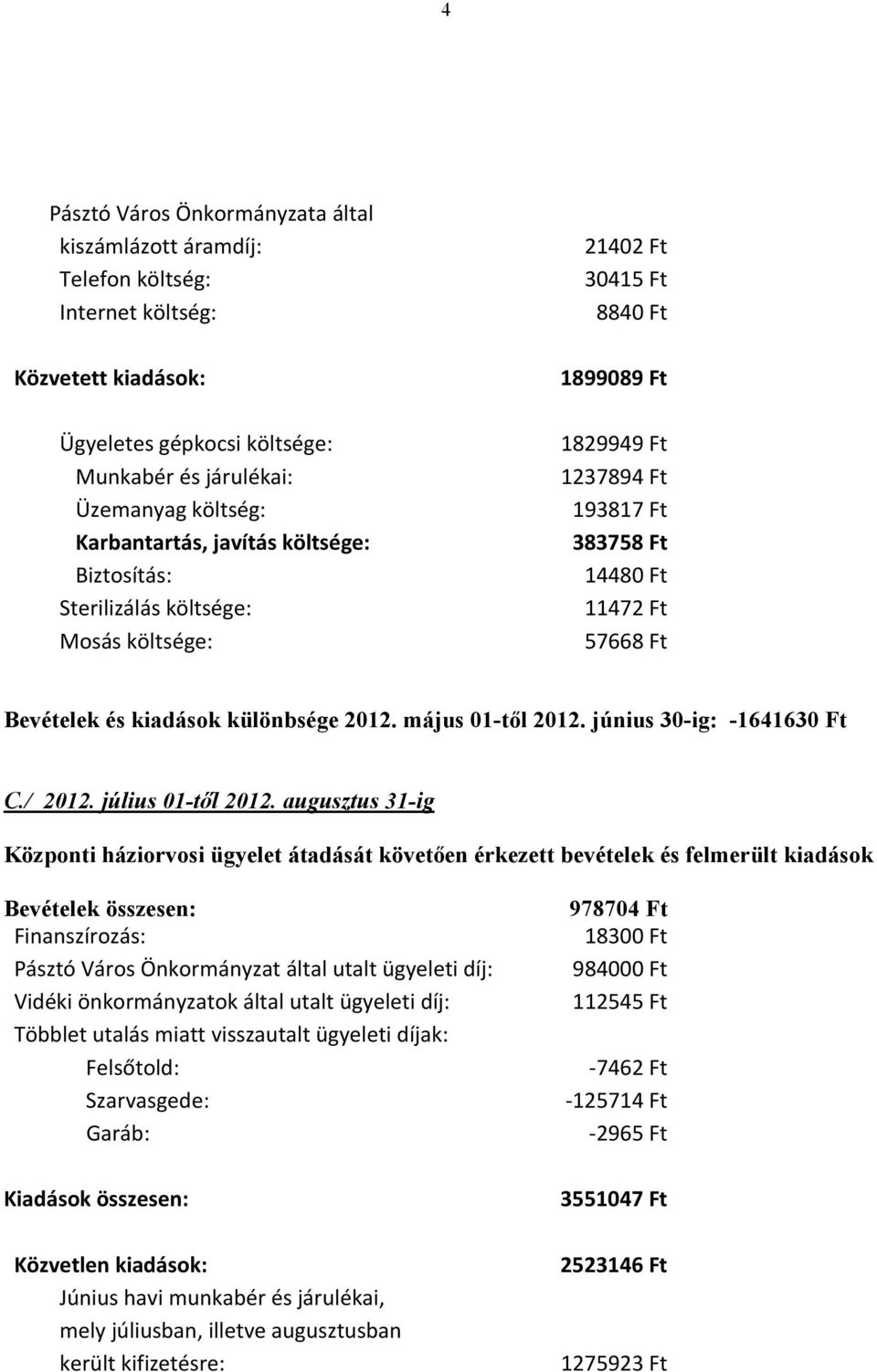 május 01-től 2012. június 30-ig: -1641630 Ft C./ 2012. július 01-től 2012.