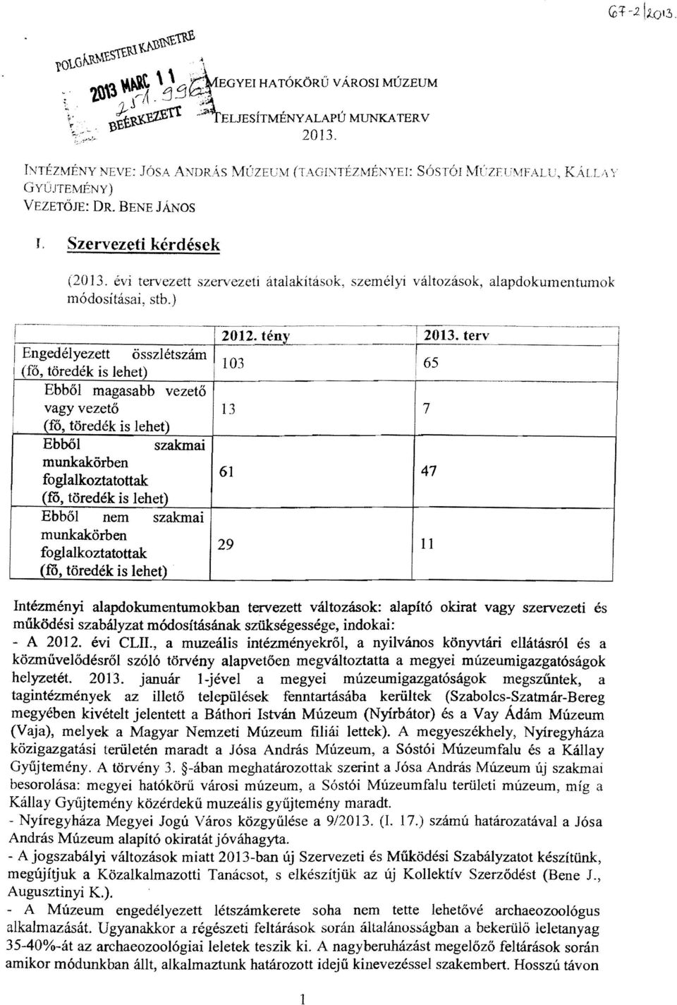 1"terv Engedélyezett összlétszám 103 (fő, töredék is lehet) r Ebből magasabb vezető vagy vezető 13 7 (fő, töredék is lehet) Ebből szakmai munkakörben foglalkoztatottak 61 47 (ro, töredék is lehet)