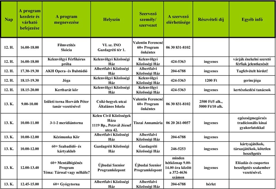 40 60+ Szabadidő- és kártyaklub 60+ Mentálhigiénés Program Téma: Társsal vagy nélküle? 13. K. 12.45-15.00 60+ Gyógytorna VI. sz. INO tér 1.