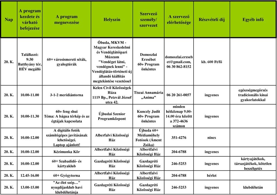 K. 12.45-16.00 60+ Gyógytorna 20. K. 13.00-15.