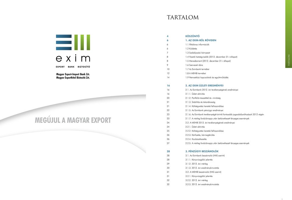 9 Nemzetközi kapcsolatok és együttműködés tartalom Megújul a magyar export 16 16 16 20 21 21 22 23 23 24 24 25 26 26 27 2. Az EXIM üzleti eredményei 2.1. Az Eximbank 2012.