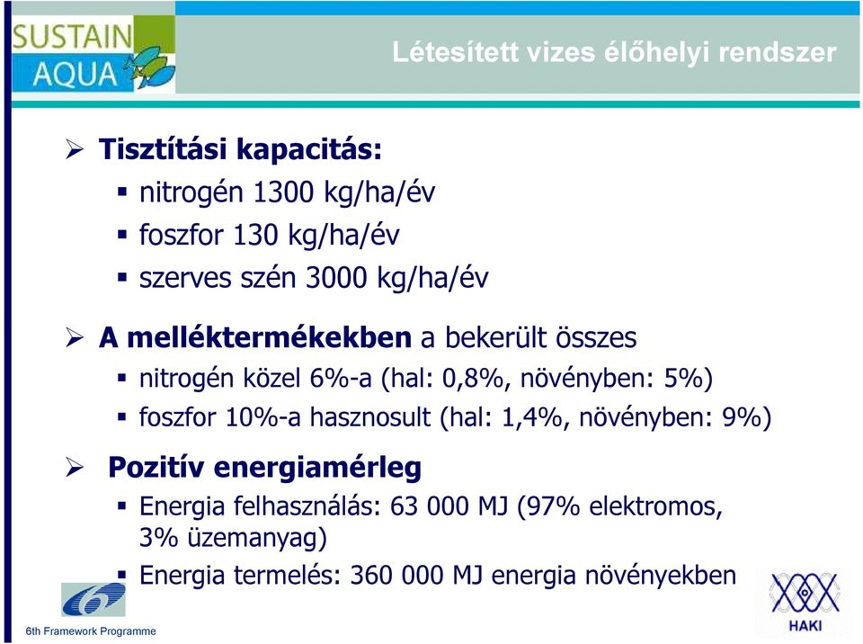 5%) foszfor 10%-a hasznosult (hal: 1,4%, növényben: 9%) Pozitív energiamérleg Energia