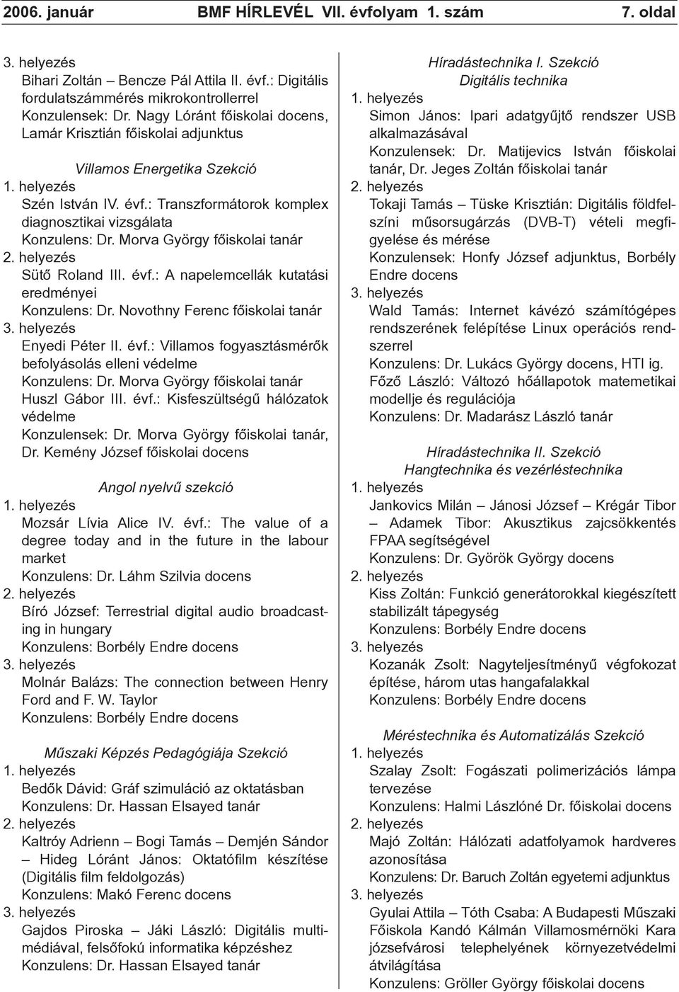 Morva György fõiskolai tanár Sütõ Roland III. évf.: A napelemcellák kutatási eredményei Konzulens: Dr. Novothny Ferenc fõiskolai tanár Enyedi Péter II. évf.: Villamos fogyasztásmérõk befolyásolás elleni védelme Konzulens: Dr.