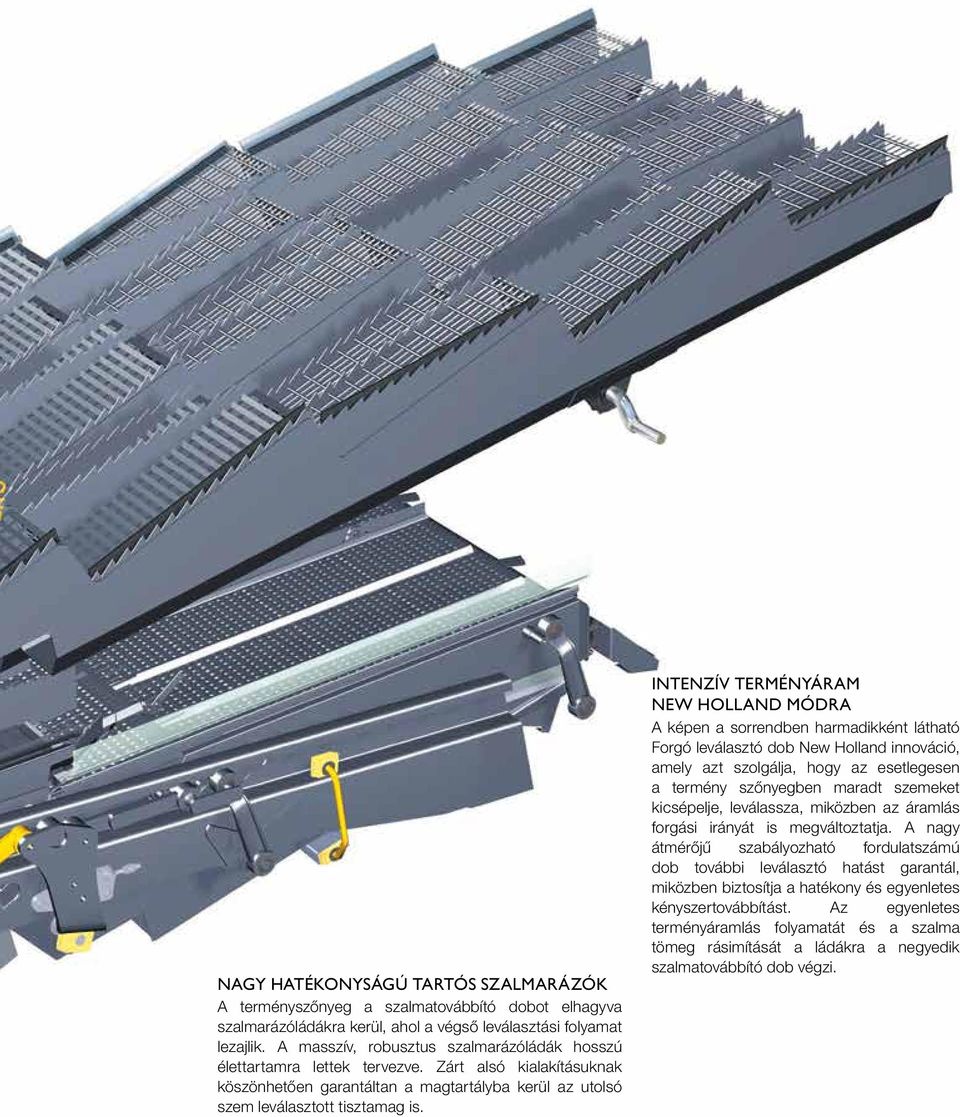 INTENZÍV TERMÉNYÁRAM NEW HOLLAND MÓDRA A képen a sorrendben harmadikként látható Forgó leválasztó dob New Holland innováció, amely azt szolgálja, hogy az esetlegesen a termény szőnyegben maradt