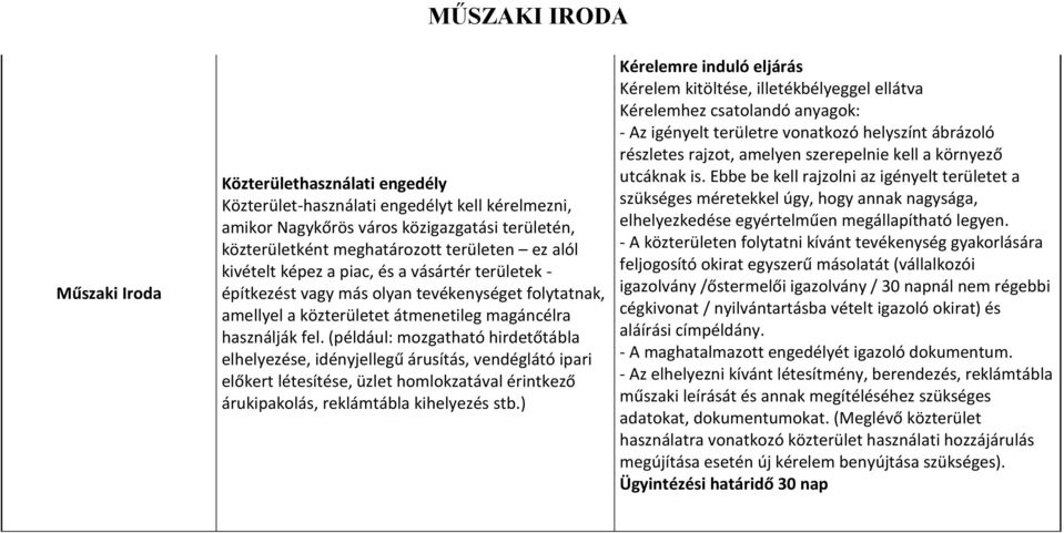 (például: mozgatható hirdetőtábla elhelyezése, idényjellegű árusítás, vendéglátó ipari előkert létesítése, üzlet homlokzatával érintkező árukipakolás, reklámtábla kihelyezés stb.