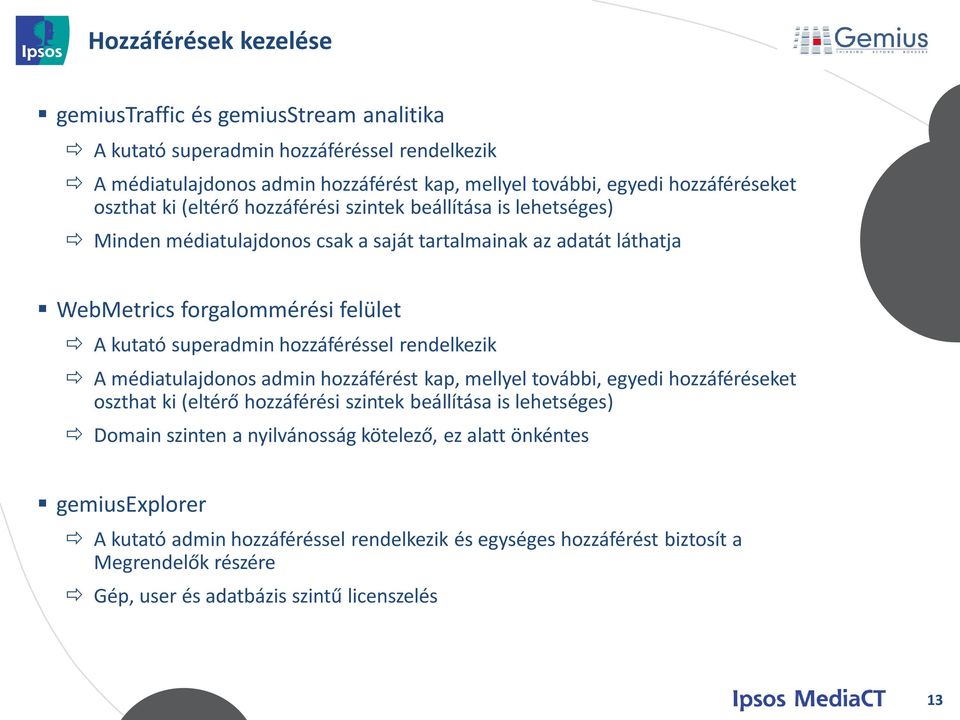 hozzáféréssel rendelkezik A médiatulajdonos admin hozzáférést kap, mellyel további, egyedi hozzáféréseket oszthat ki (eltérő hozzáférési szintek beállítása is lehetséges) Domain szinten a