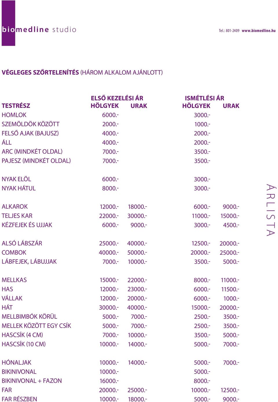 - árlista alsó lábszár combok lábfejek, lábujjak 2 40000.- 40000.- 50000.- 12500.- 20000.- 20000.- 2 mellkas has vállak hát mellbimbók körül mellek között egy csík hascsík (4 cm) hascsík (10 cm) 1 12000.