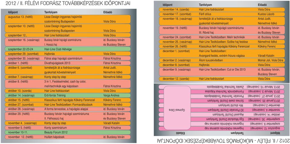 , Hair Line fodrászstart Viola Dóra szeptember 16. (vasárnap) Buzássy István hajvágó szemináriuma id. Buzássy István szeptember 22-23-24 I.