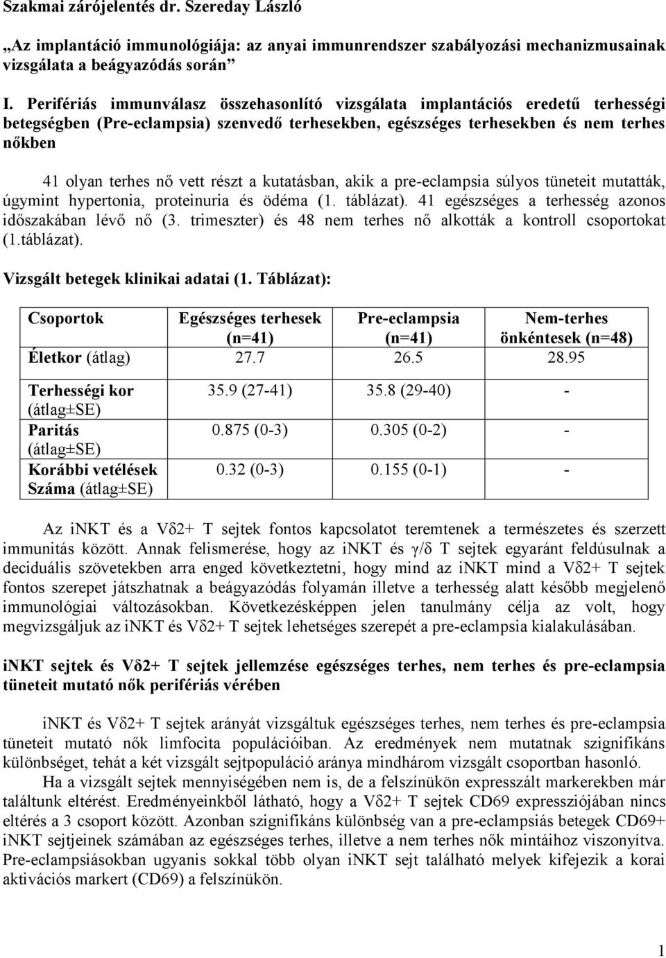 részt a kutatásban, akik a pre-eclampsia súlyos tüneteit mutatták, úgymint hypertonia, proteinuria és ödéma (1. táblázat). 41 egészséges a terhesség azonos időszakában lévő nő (3.