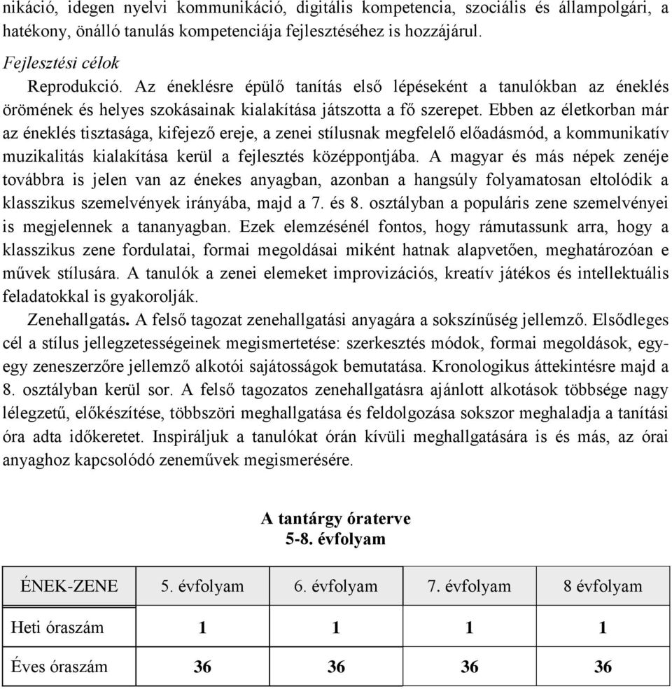 Ebben az életkorban már az éneklés tisztasága, kifejező ereje, a zenei stílusnak megfelelő előadásmód, a kommunikatív muzikalitás kialakítása kerül a fejlesztés középpontjába.