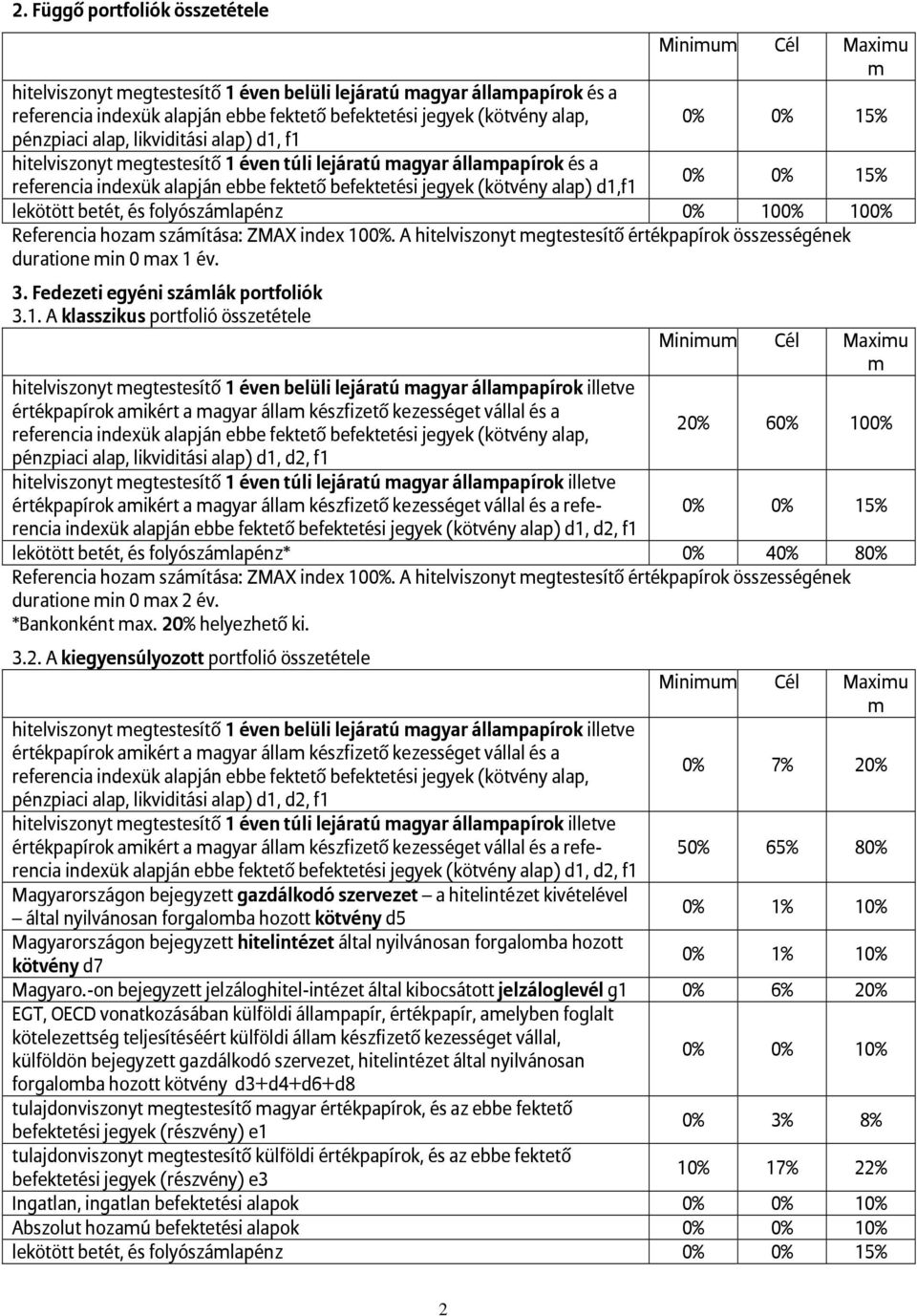 1. A klasszikus portfolió összetétele Miniu Cél Maxiu hitelviszonyt egtestesítő 1 éven belüli lejáratú agyar állapapírok illetve értékpapírok aikért a agyar álla készfizető kezességet vállal és a