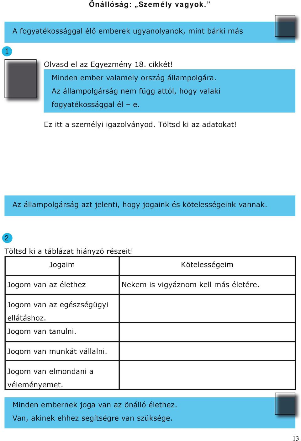 Az állampolgárság azt jelenti, hogy jogaink és kötelességeink vannak. 2 Töltsd ki a táblázat hiányzó részeit!