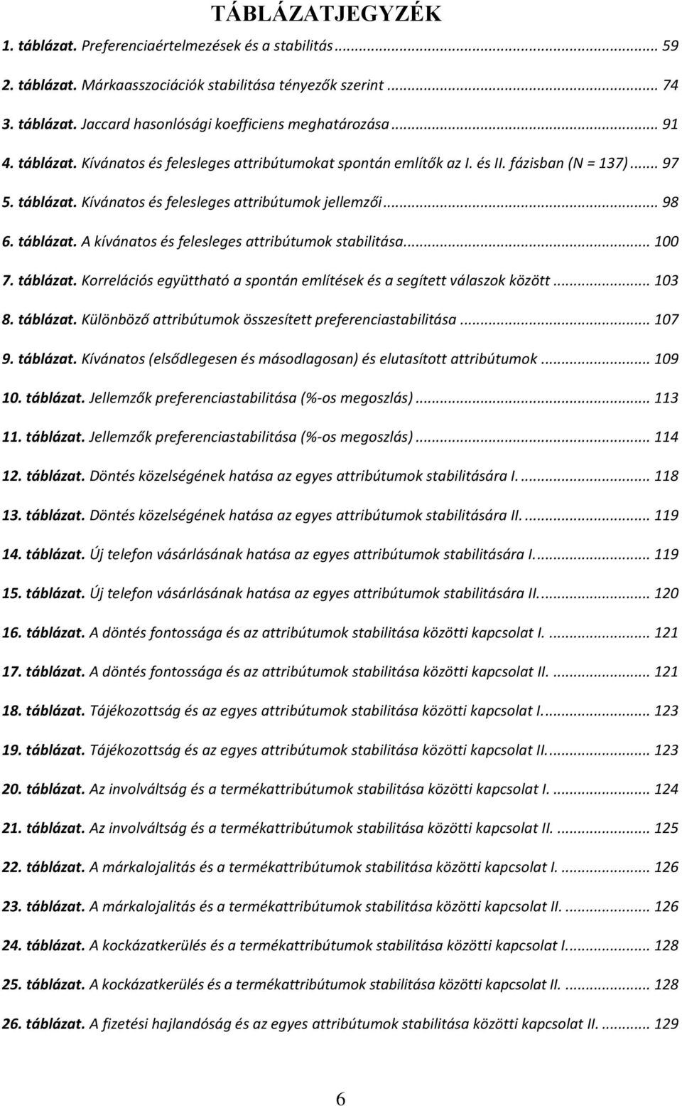.. 100 7. táblázat. Korrelációs együttható a spontán említések és a segített válaszok között... 103 8. táblázat. Különböző attribútumok összesített preferenciastabilitása... 107 9. táblázat. Kívánatos (elsődlegesen és másodlagosan) és elutasított attribútumok.