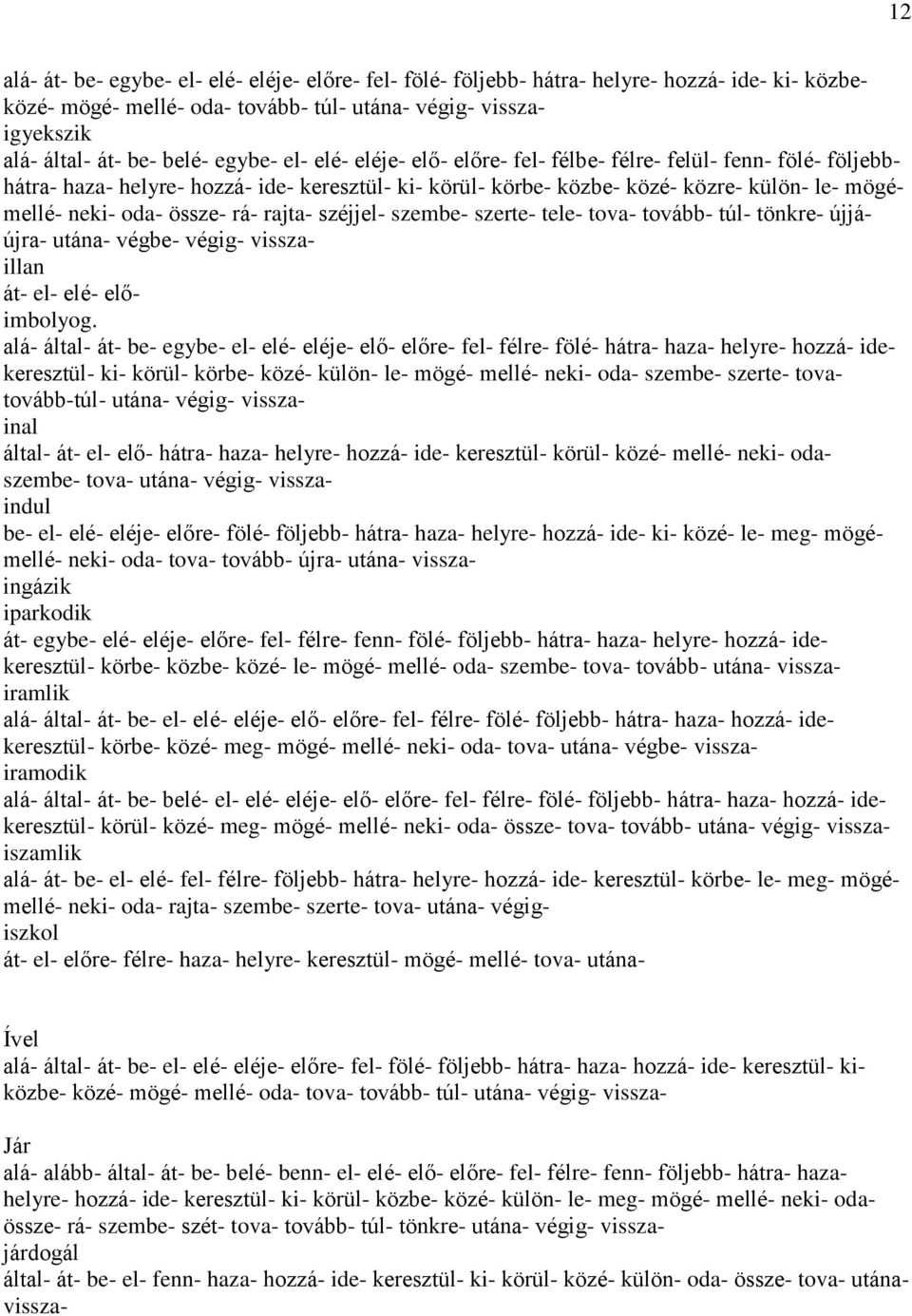 össze- rá- rajta- széjjel- szembe- szerte- tele- tova- tovább- túl- tönkre- újjáújra- utána- végbe- végig- visszaillan át- el- elé- előimbolyog.
