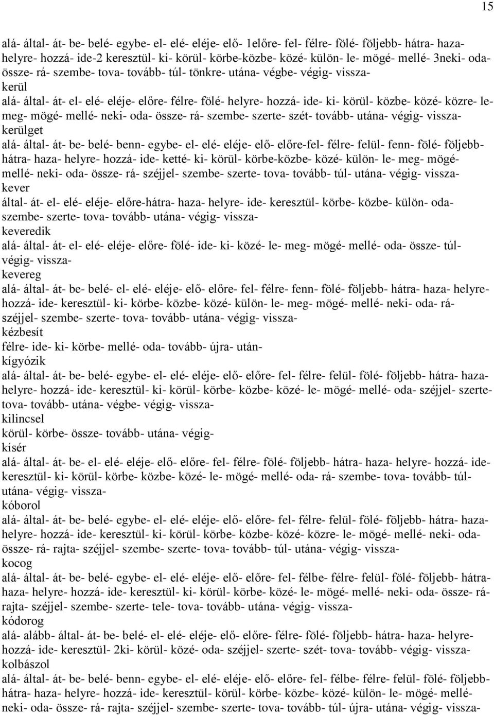 mellé- neki- oda- össze- rá- szembe- szerte- szét- tovább- utána- végig- visszakerülget alá- által- át- be- belé- benn- egybe- el- elé- eléje- elő- előre-fel- félre- felül- fenn- fölé- följebbhátra-