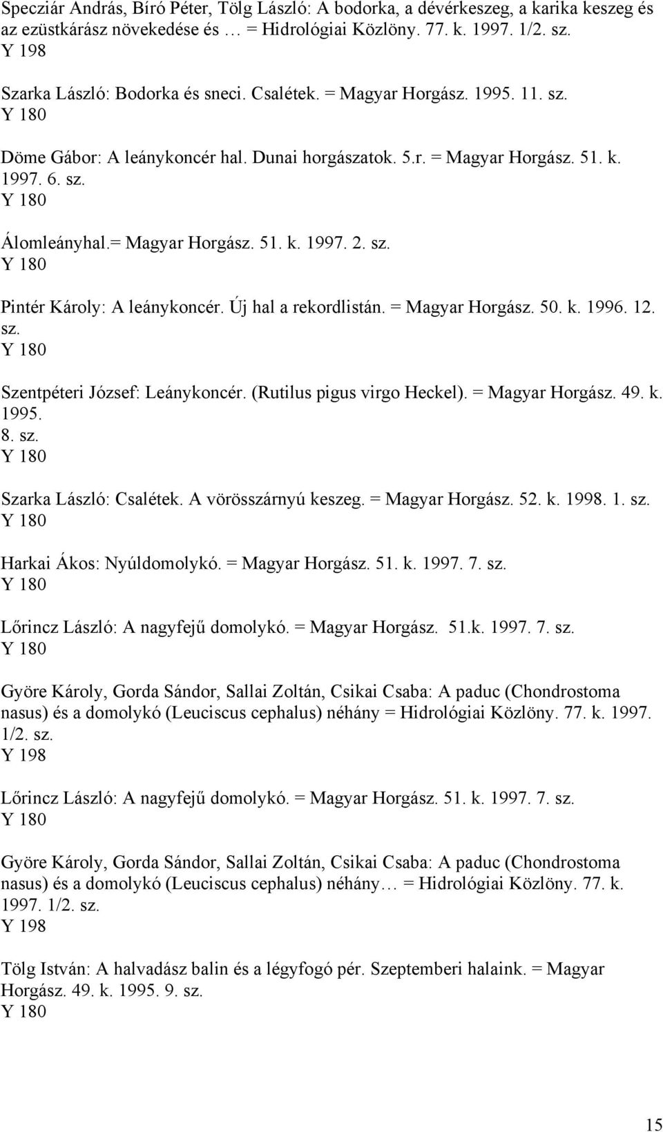 Új hal a rekordlistán. = Magyar Horgász. 50. k. 1996. 12. sz. Szentpéteri József: Leánykoncér. (Rutilus pigus virgo Heckel). = Magyar Horgász. 49. k. 1995. 8. sz. Szarka László: Csalétek.