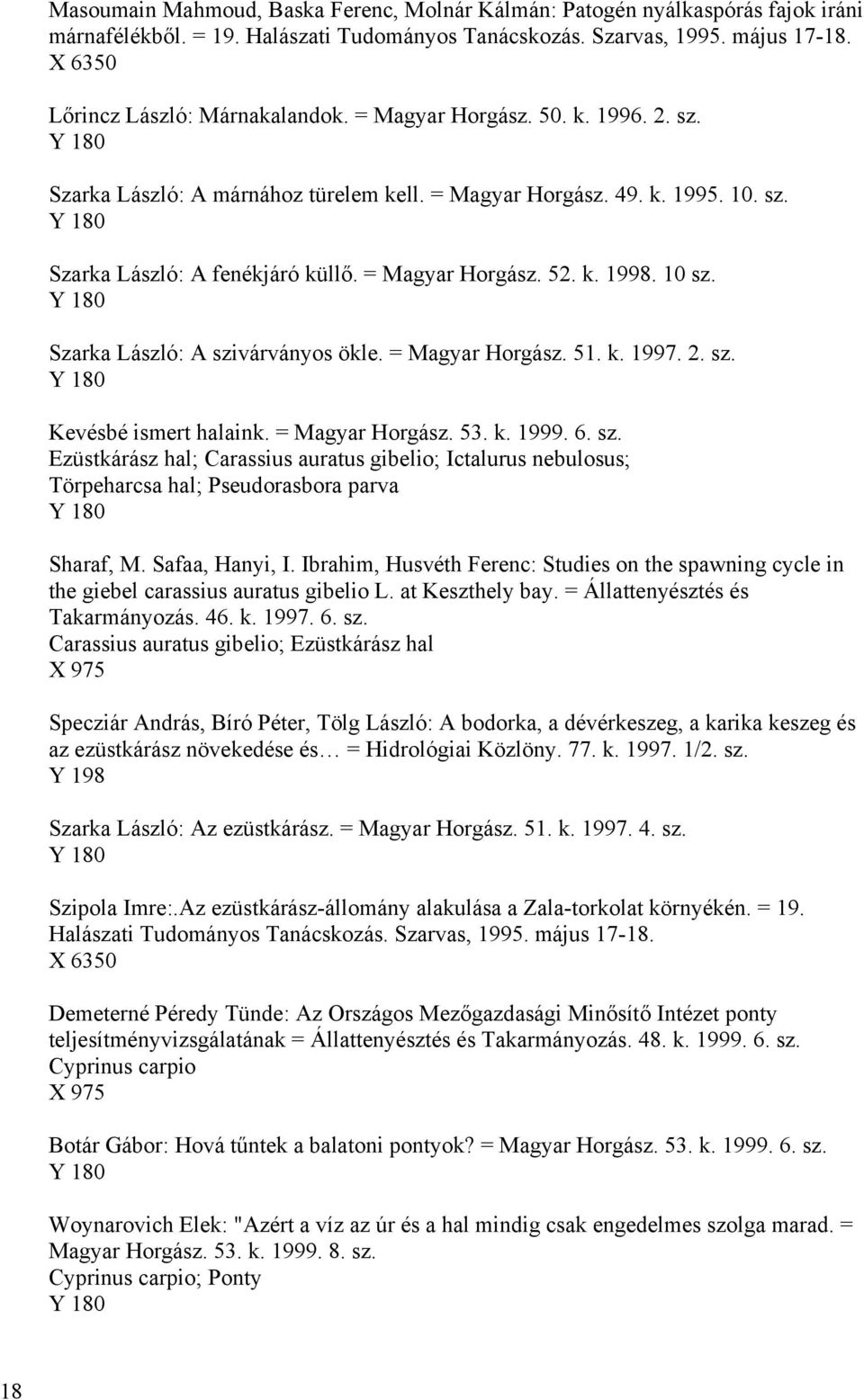 = Magyar Horgász. 52. k. 1998. 10 sz. Szarka László: A szivárványos ökle. = Magyar Horgász. 51. k. 1997. 2. sz. Kevésbé ismert halaink. = Magyar Horgász. 53. k. 1999. 6. sz. Ezüstkárász hal; Carassius auratus gibelio; Ictalurus nebulosus; Törpeharcsa hal; Pseudorasbora parva Sharaf, M.