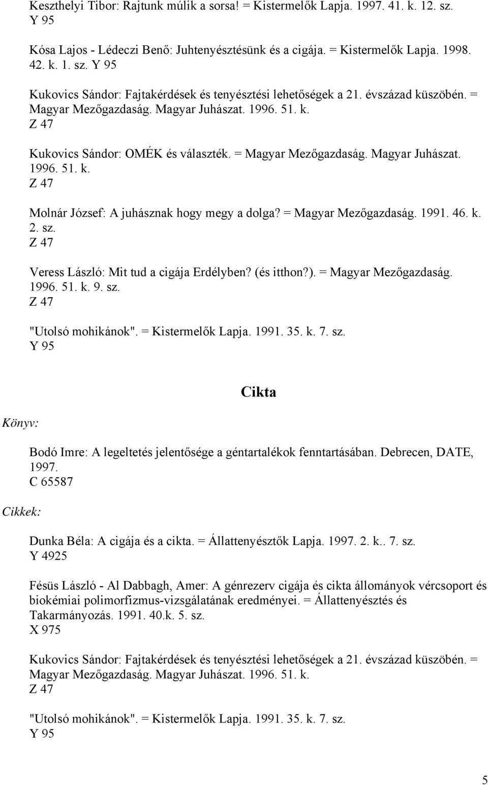 = Magyar Mezőgazdaság. 1991. 46. k. 2. sz. Veress László: Mit tud a cigája Erdélyben? (és itthon?). = Magyar Mezőgazdaság. 1996. 51. k. 9. sz. "Utolsó mohikánok". = Kistermelők Lapja. 1991. 35. k. 7.