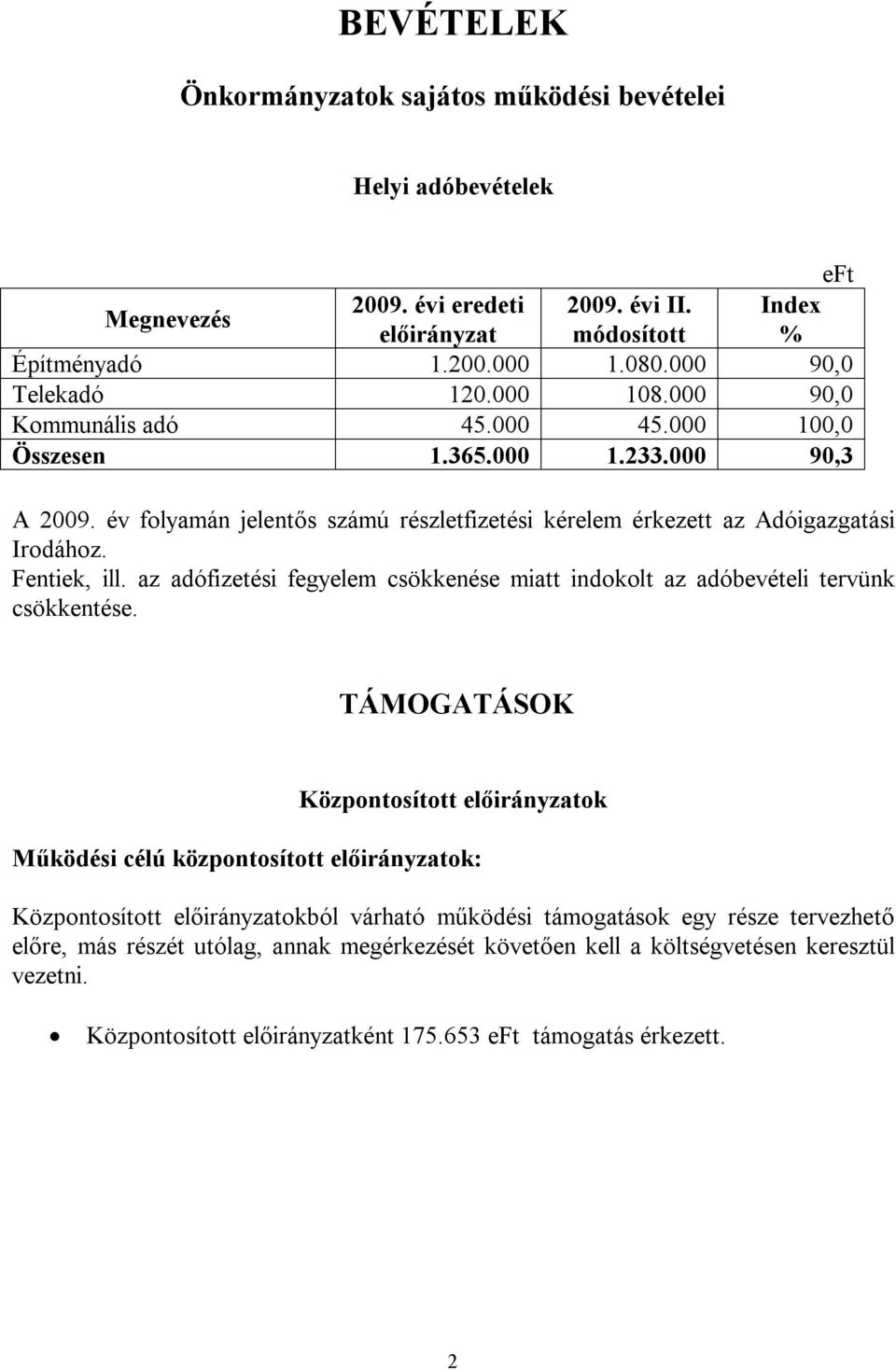 az adófizetési fegyelem csökkenése miatt indokolt az adóbevételi tervünk csökkentése.