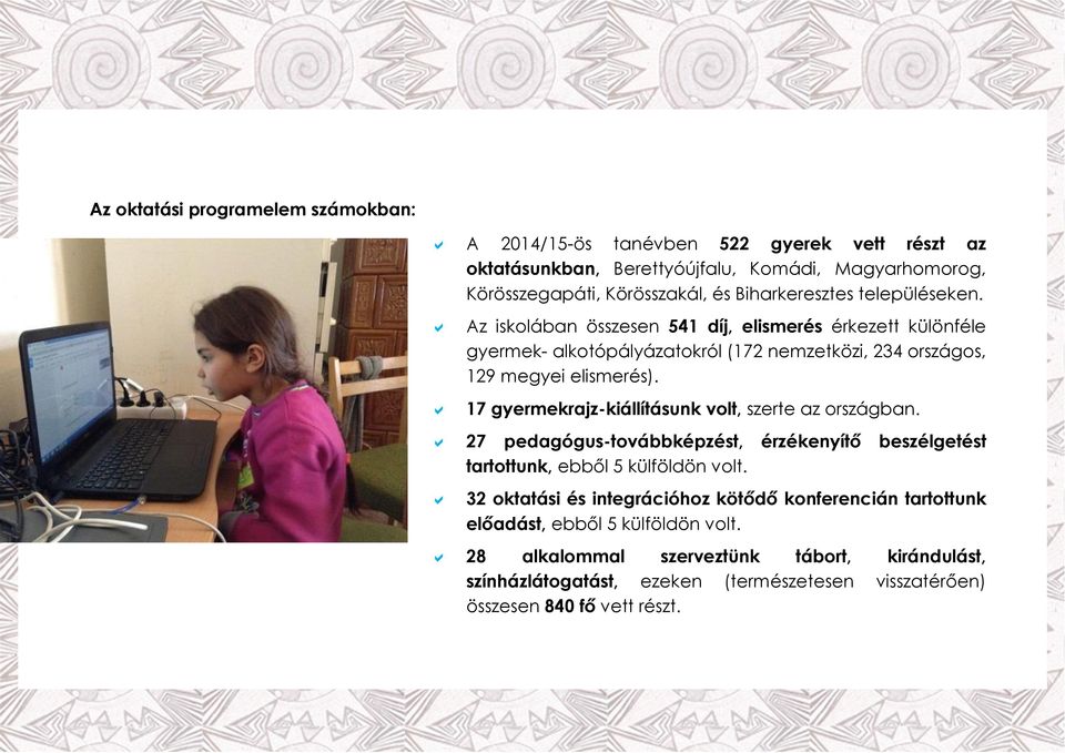 17 gyermekrajz-kiállításunk volt, szerte az országban. 27 pedagógus-továbbképzést, érzékenyítő beszélgetést tartottunk, ebből 5 külföldön volt.