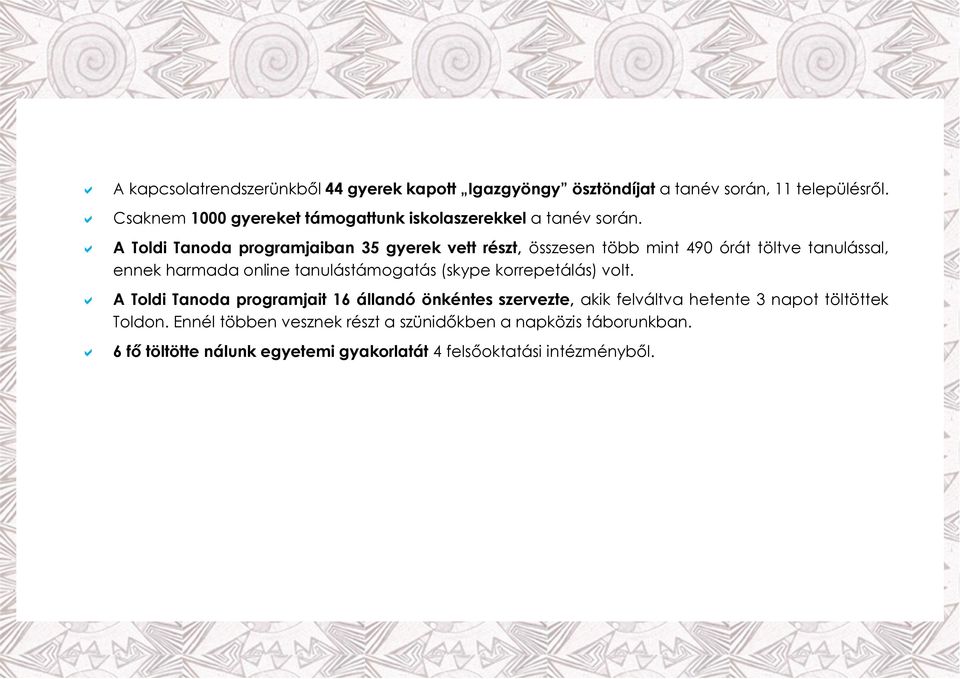 A Toldi Tanoda programjaiban 35 gyerek vett részt, összesen több mint 490 órát töltve tanulással, ennek harmada online tanulástámogatás (skype