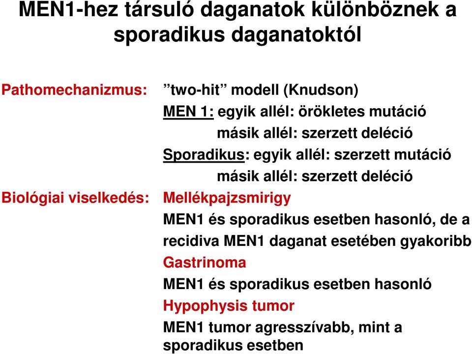 másik allél: szerzett deléció Mellékpajzsmirigy MEN1 és sporadikus esetben hasonló, de a recidiva MEN1 daganat esetében
