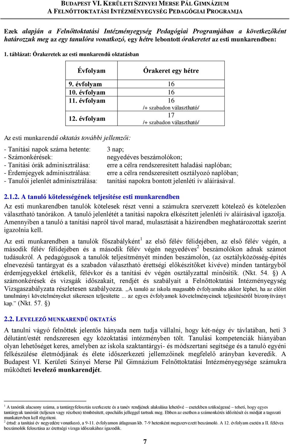 évfolyam Az esti ű oktatás további jellemzői: 17 /+ szabadon választható/ - Tanítási napok száma hetente: 3 nap; - Számonkérések: negyedéves beszámolókon; - Tanítási órák adminisztrálása: erre a