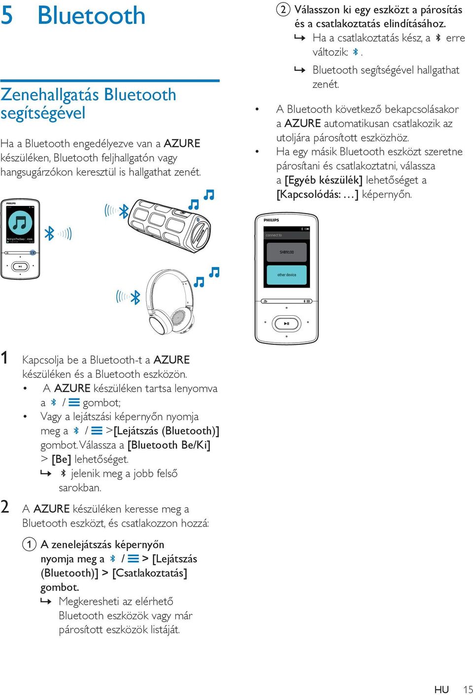 A Bluetooth következő bekapcsolásakor a AZURE automatikusan csatlakozik az utoljára párosított eszközhöz.