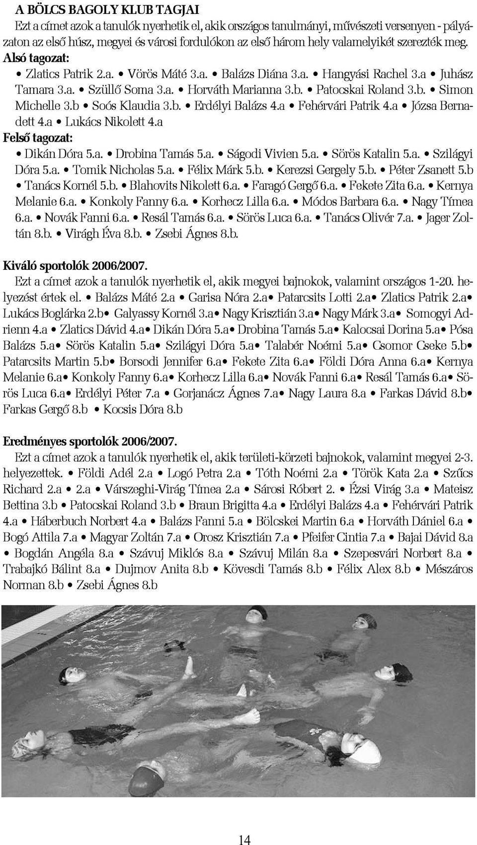 b Soós Klaudia 3.b. Erdélyi Balázs 4.a Fehérvári Patrik 4.a Józsa Bernadett 4.a Lukács Nikolett 4.a Felsõ tagozat: Dikán Dóra 5.a. Drobina Tamás 5.a. Ságodi Vivien 5.a. Sörös Katalin 5.a. Szilágyi Dóra 5.