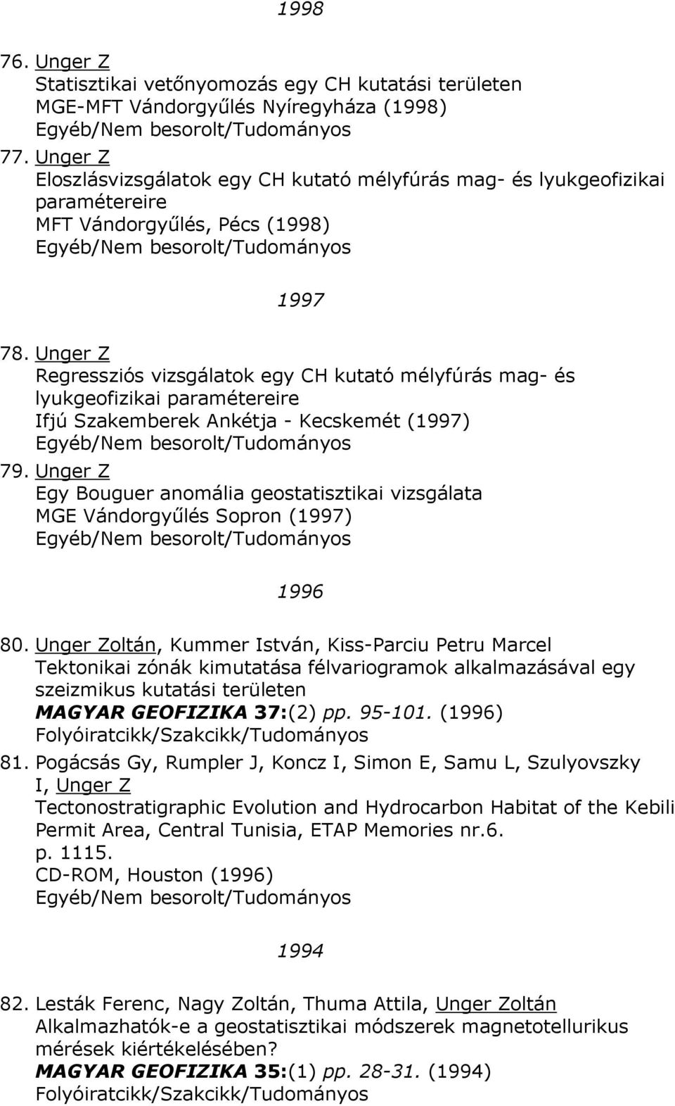 Unger Z Regressziós vizsgálatok egy CH kutató mélyfúrás mag- és lyukgeofizikai paramétereire Ifjú Szakemberek Ankétja - Kecskemét (1997) 79.