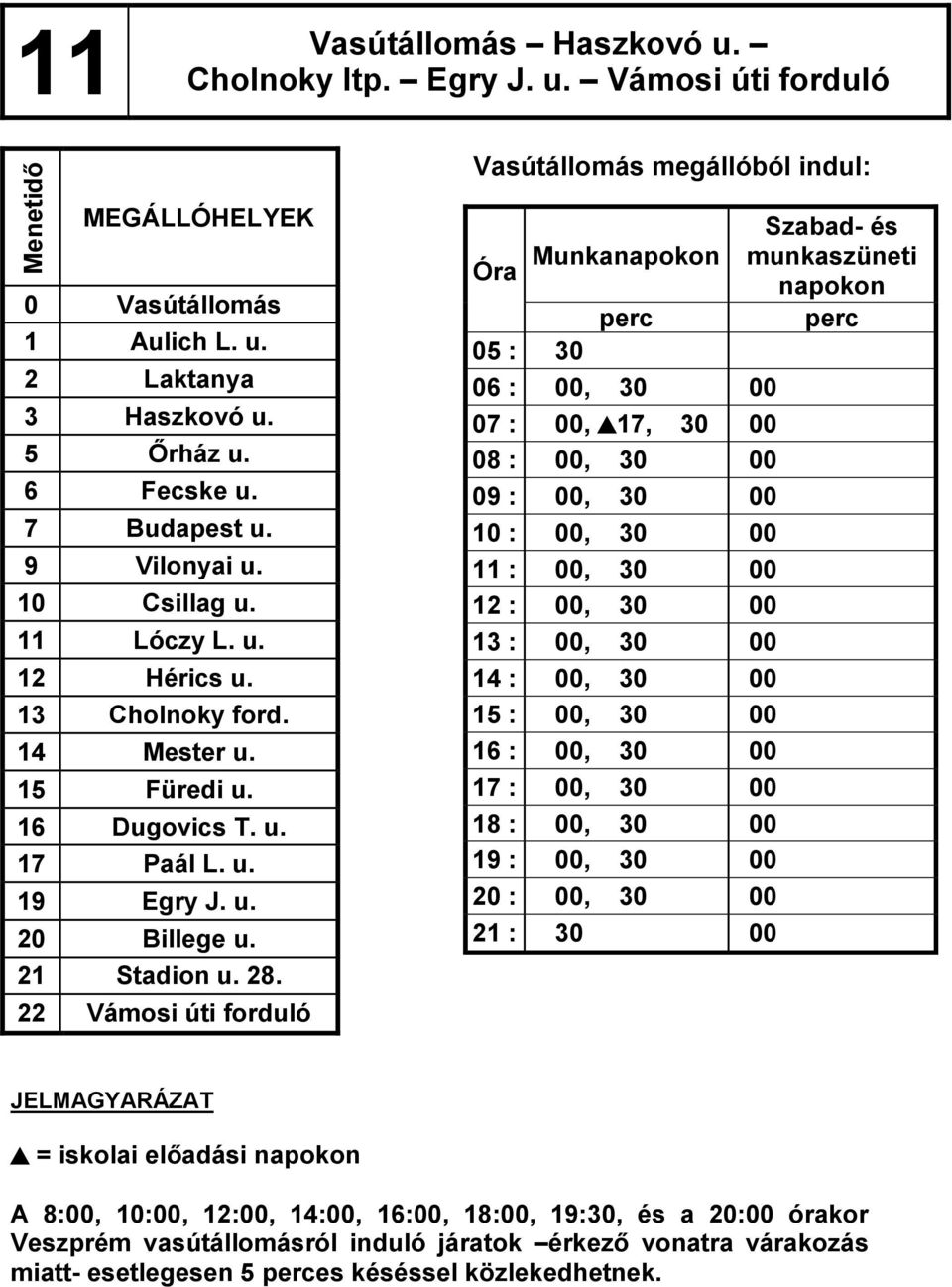 22 Vámosi úti forduló Szabad- és Óra Munkanapokon munkaszüneti napokon 05 : 30 06 : 00, 30 00 07 : 00,,17, 30 00 08 : 00, 30 00 09 : 00, 30 00 10 : 00, 30 00 11 : 00, 30 00 12 : 00, 30 00 13 : 00, 30