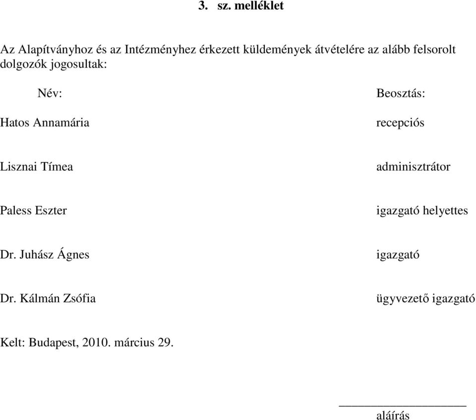 alább felsorolt dolgozók jogosultak: Név: Hatos Annamária Beosztás: recepciós