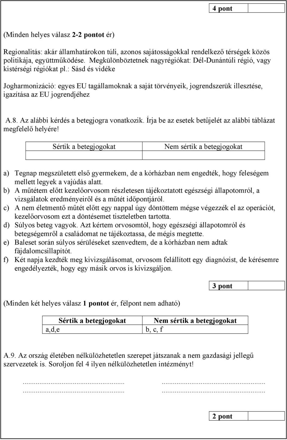 : Sásd és vidéke Jogharmonizáció: egyes EU tagállamoknak a saját törvényeik, jogrendszerük illesztése, igazítása az EU jogrendjéhez A.8. Az alábbi kérdés a betegjogra vonatkozik.