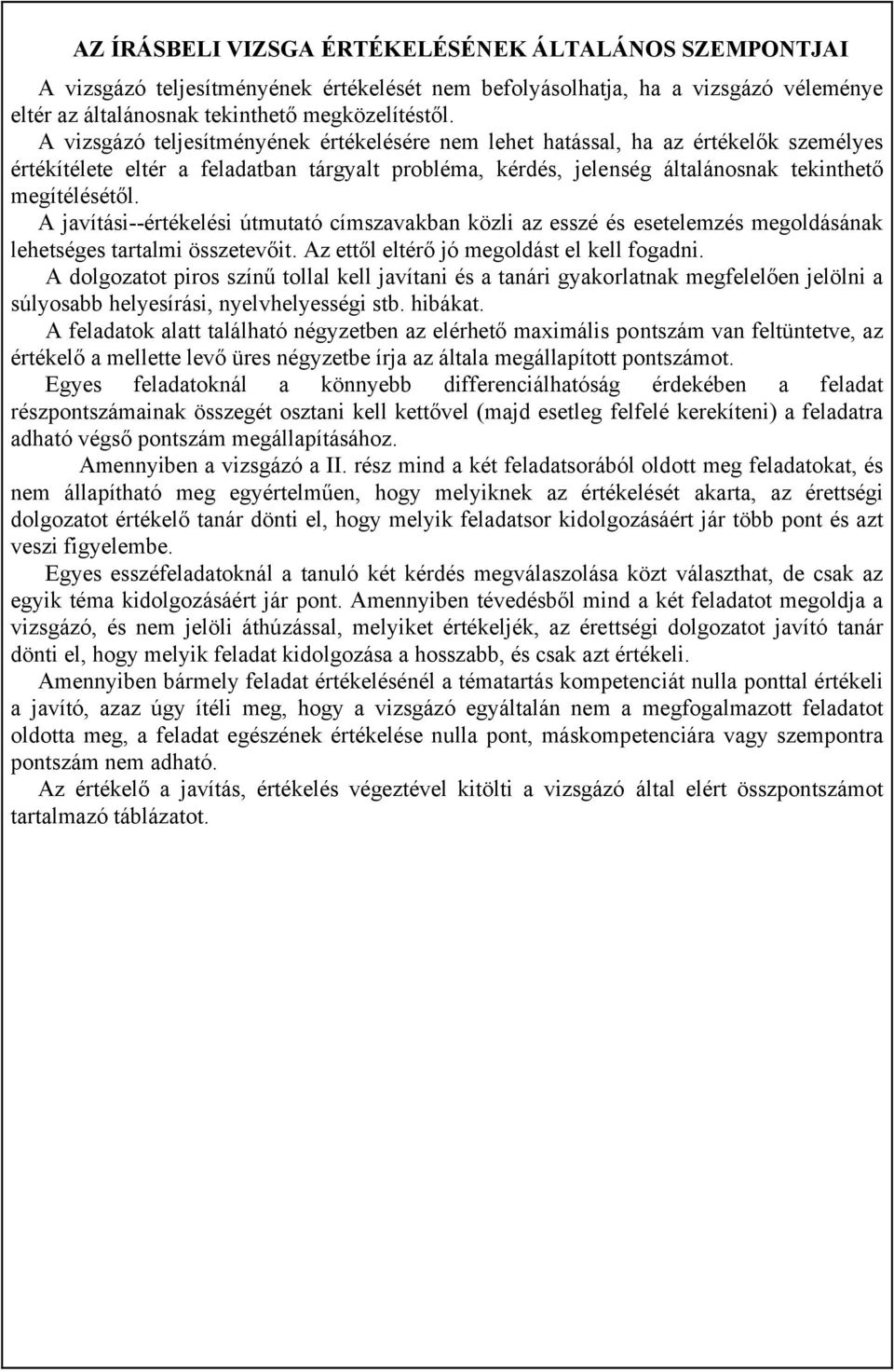 A javítási--értékelési útmutató címszavakban közli az esszé és esetelemzés megoldásának lehetséges tartalmi összetevőit. Az ettől eltérő jó megoldást el kell fogadni.