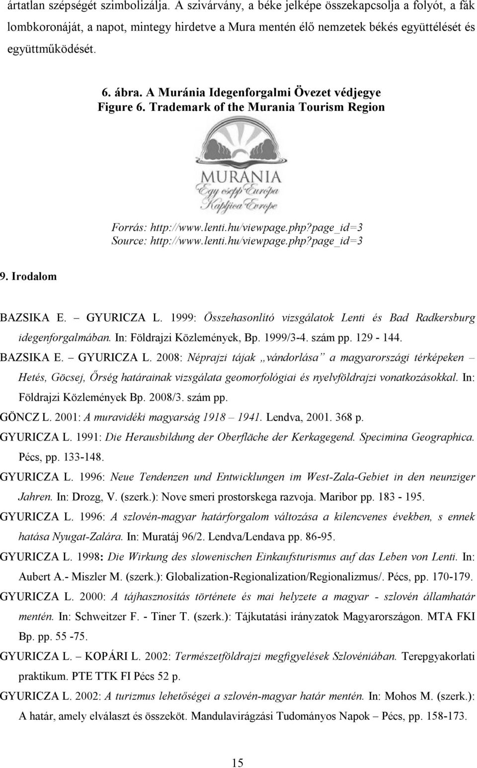 Irodalom BAZSIKA E. GYURICZA L. 1999: Összehasonlító vizsgálatok Lenti és Bad Radkersburg idegenforgalmában. In: Földrajzi Közlemények, Bp. 1999/3-4. szám pp. 129-144. BAZSIKA E. GYURICZA L. 2008: Néprajzi tájak vándorlása a magyarországi térképeken Hetés, Göcsej, Őrség határainak vizsgálata geomorfológiai és nyelvföldrajzi vonatkozásokkal.