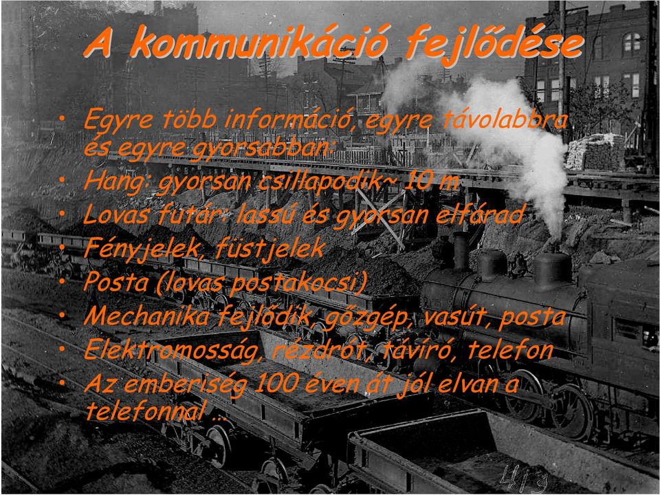 Fényjelek, füstjelek Posta (lovas postakocsi) Mechanika fejlıdik, gızgép, vasút,