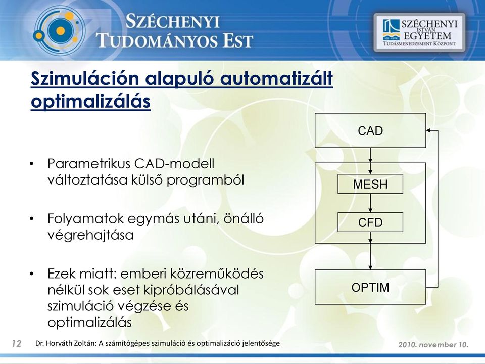 közreműködés nélkül sok eset kipróbálásával szimuláció végzése és optimalizálás OPTIM 12