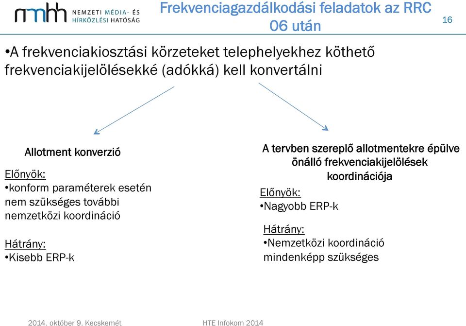 nem szükséges további nemzetközi koordináció Hátrány: Kisebb ERP-k A tervben szereplő allotmentekre épülve