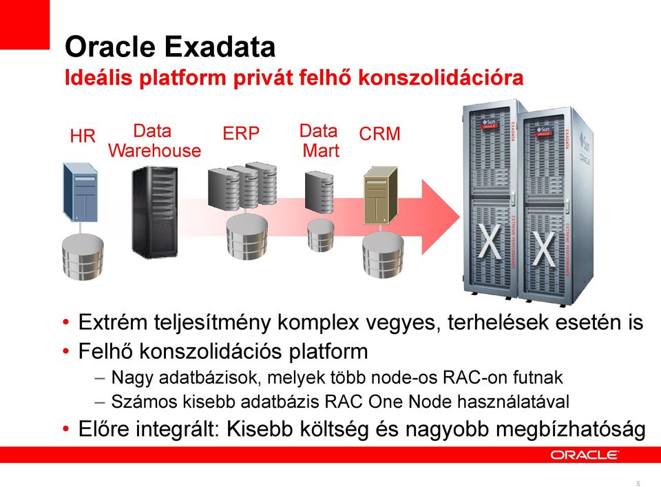 konszolidációs platform Nagy adatbázisok, melyek több node-os RAC-on futnak Számos