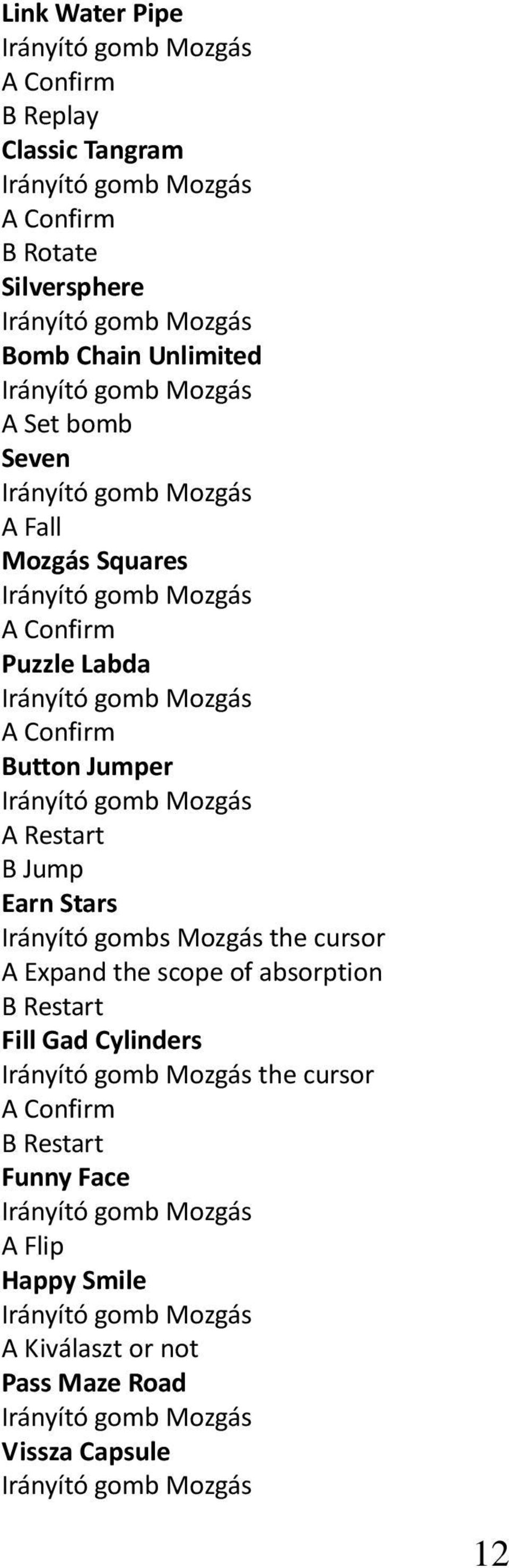 Irányító gombs Mozgás the cursor A Expand the scope of absorption B Restart Fill Gad