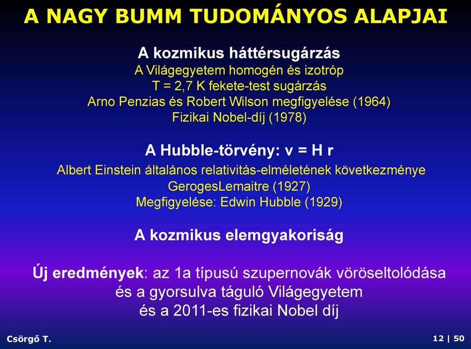 relativitás-elméletének következménye GerogesLemaitre (1927) Megfigyelése: Edwin Hubble (1929) A kozmikus elemgyakoriság Új