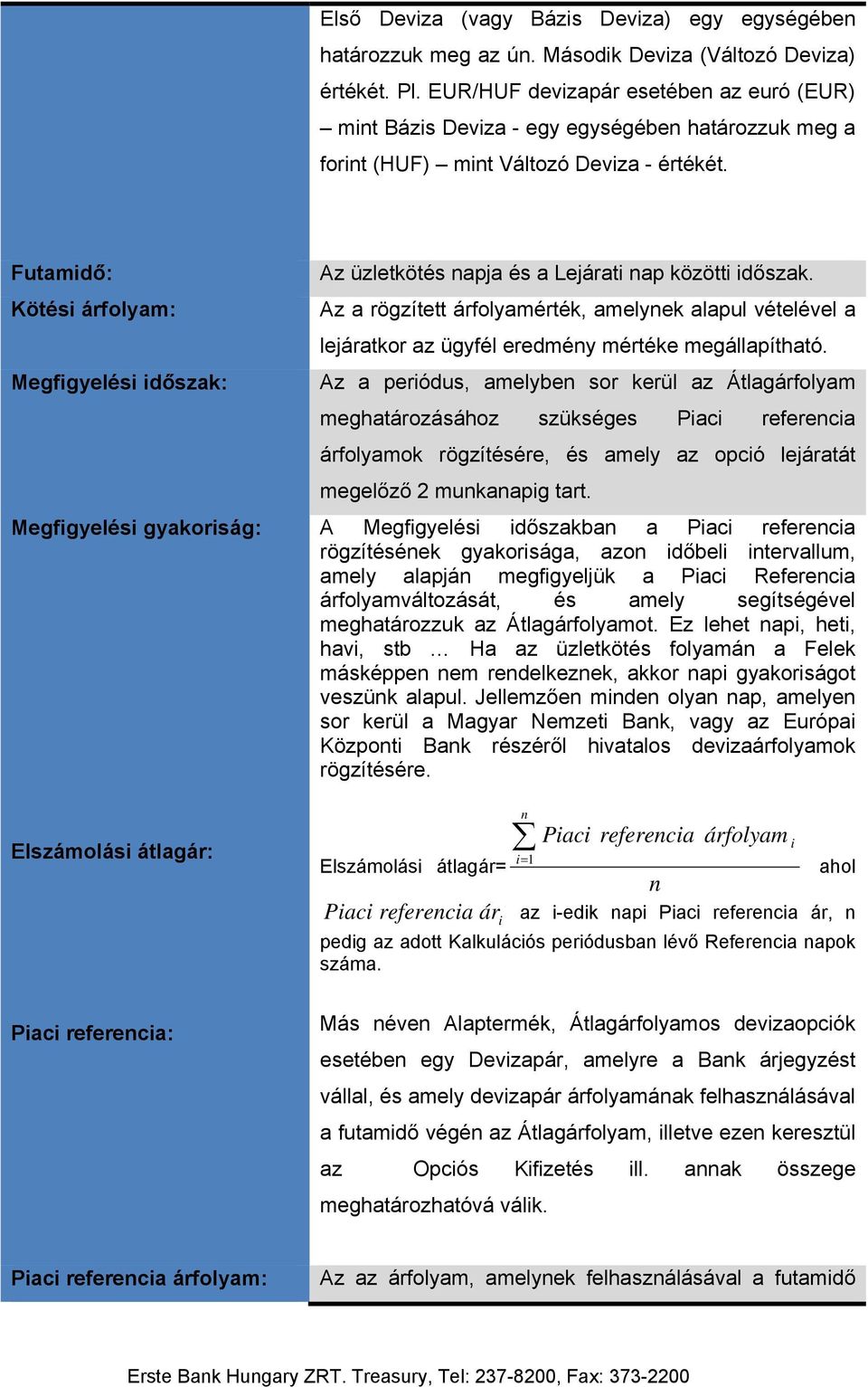 Futamidő: Kötési árfolyam: Megfigyelési időszak: Megfigyelési gyakoriság: Elszámolási átlagár: Piaci referencia: Az üzletkötés napja és a Lejárati nap közötti időszak.