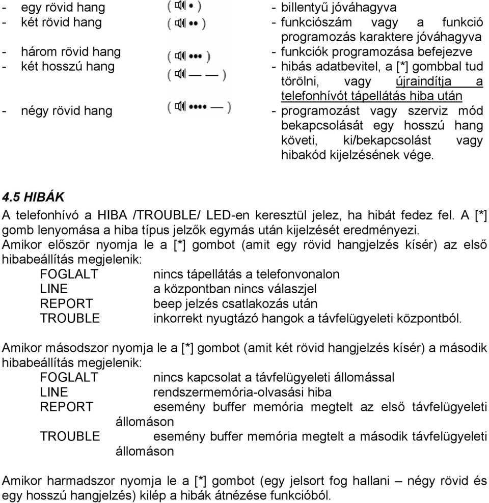 vagy hibakód kijelzésének vége. 4.5 HIBÁK A telefonhívó a HIBA /TROUBLE/ LED-en keresztül jelez, ha hibát fedez fel. A [*] gomb lenyomása a hiba típus jelzők egymás után kijelzését eredményezi.