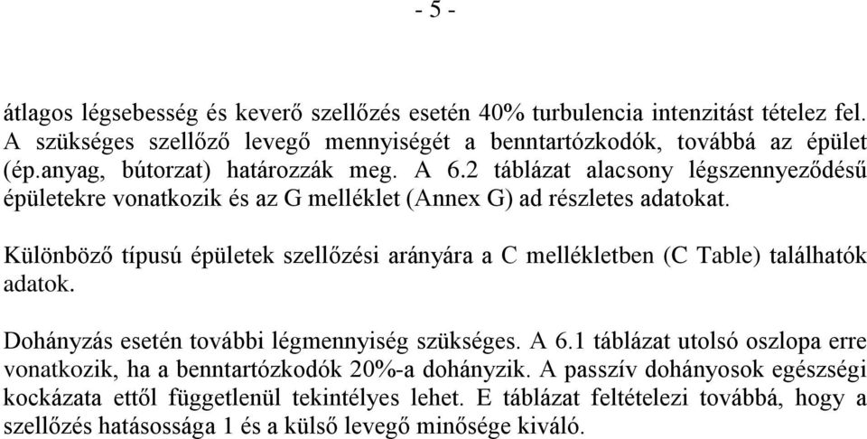 Különböző típusú épületek szellőzési arányára a C mellékletben (C Table) találhatók adatok. Dohányzás esetén további légmennyiség szükséges. A 6.