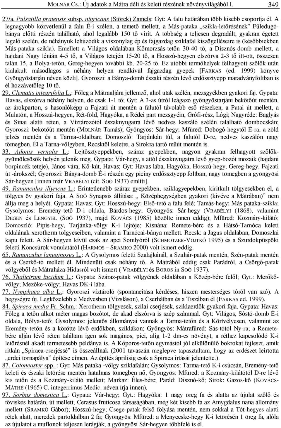 A többség a teljesen degradált, gyakran égetett legelõ szélén, de néhányuk lehúzódik a viszonylag ép és fajgazdag sziklafal kiszögelléseire is (késõbbiekben Más-pataka szikla).