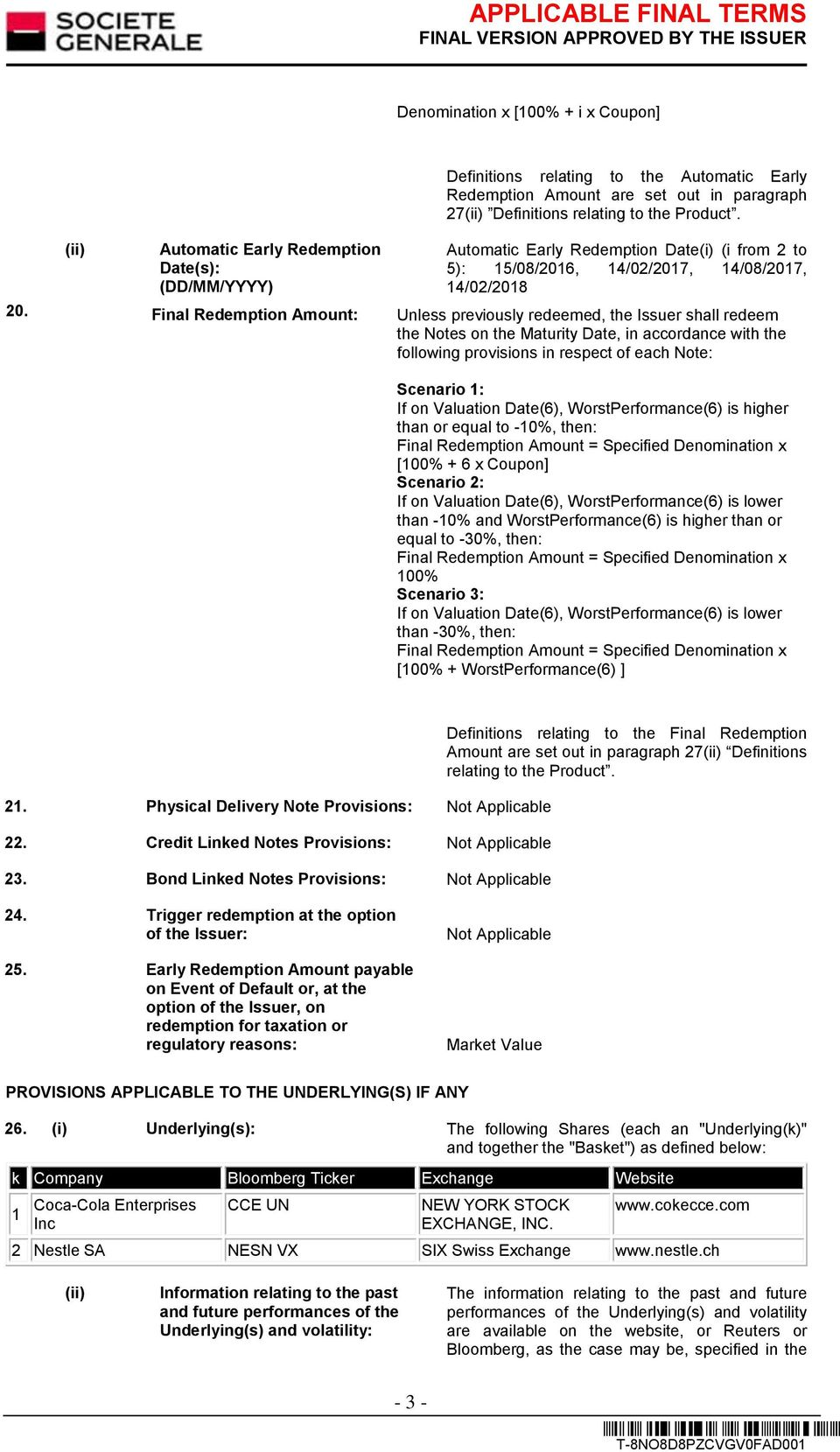 Final Redemption Amount: Unless previously redeemed, the Issuer shall redeem the Notes on the Maturity Date, in accordance with the following provisions in respect of each Note: Scenario 1: If on