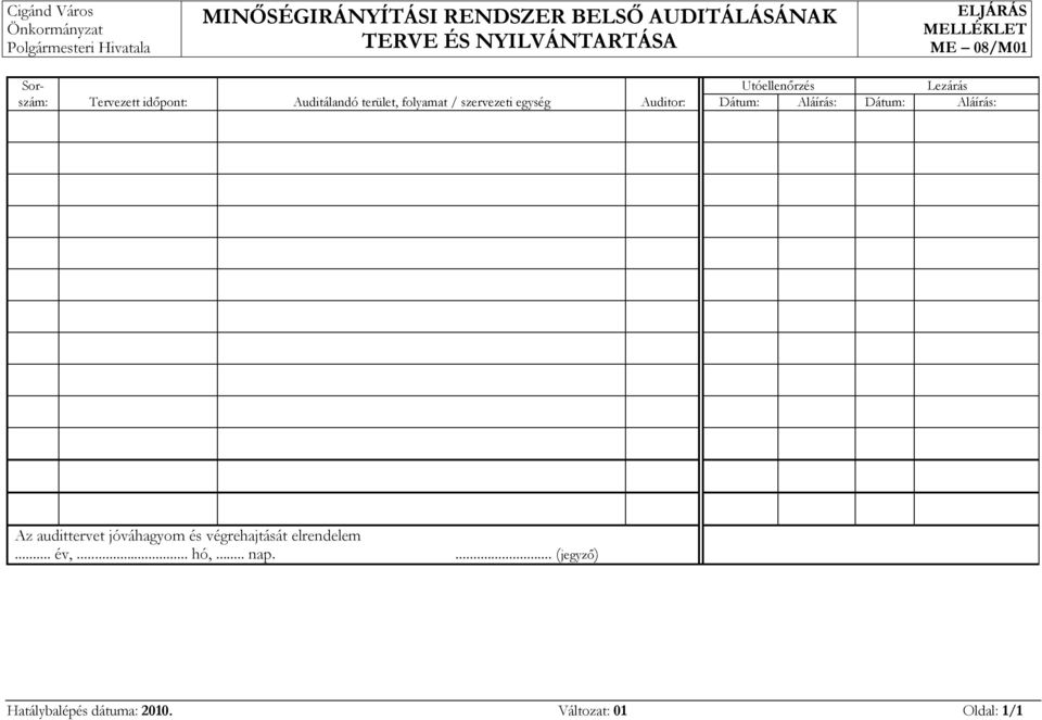 Auditálandó terület, folyamat / szervezeti egység Auditor: Dátum: Aláírás: Dátum: