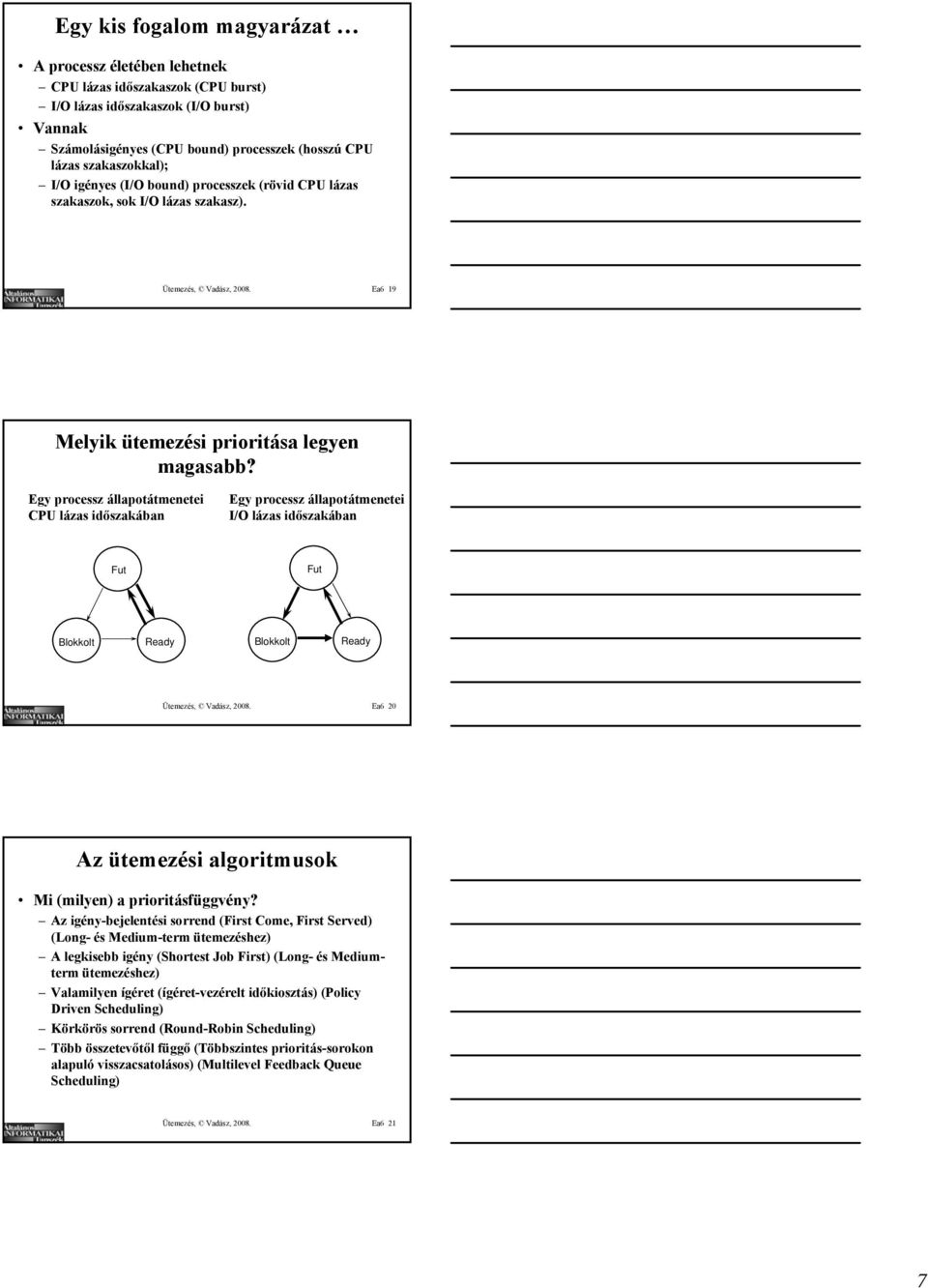 Egy processz állapotátmenetei CPU lázas időszakában Egy processz állapotátmenetei I/O lázas időszakában Fut Fut Blokkolt Ready Blokkolt Ready Ütemezés, Vadász, 2008.