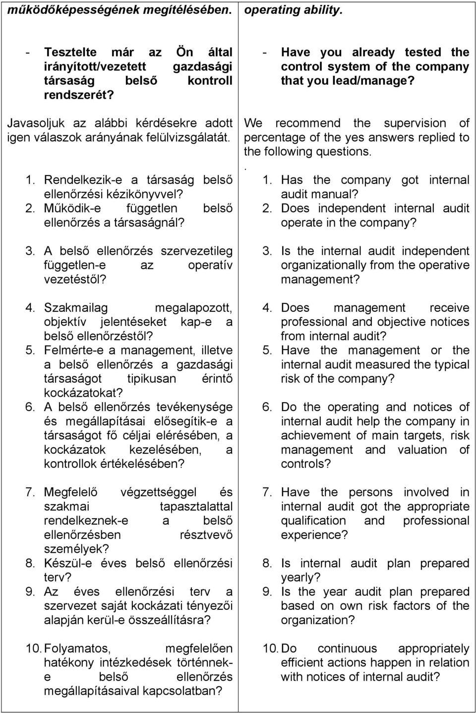 A belső ellenőrzés szervezetileg független-e az operatív vezetéstől? 4. Szakmailag megalapozott, objektív jelentéseket kap-e a belső ellenőrzéstől? 5.